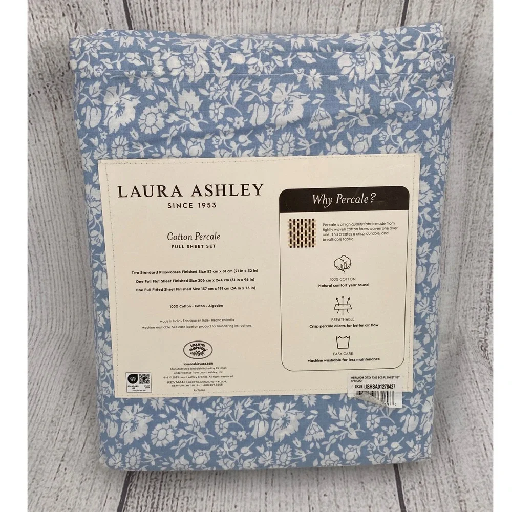 Laura Ashley Sheet Set FULL Blue White Floral Cotton Percale Heirloom Ditzy
